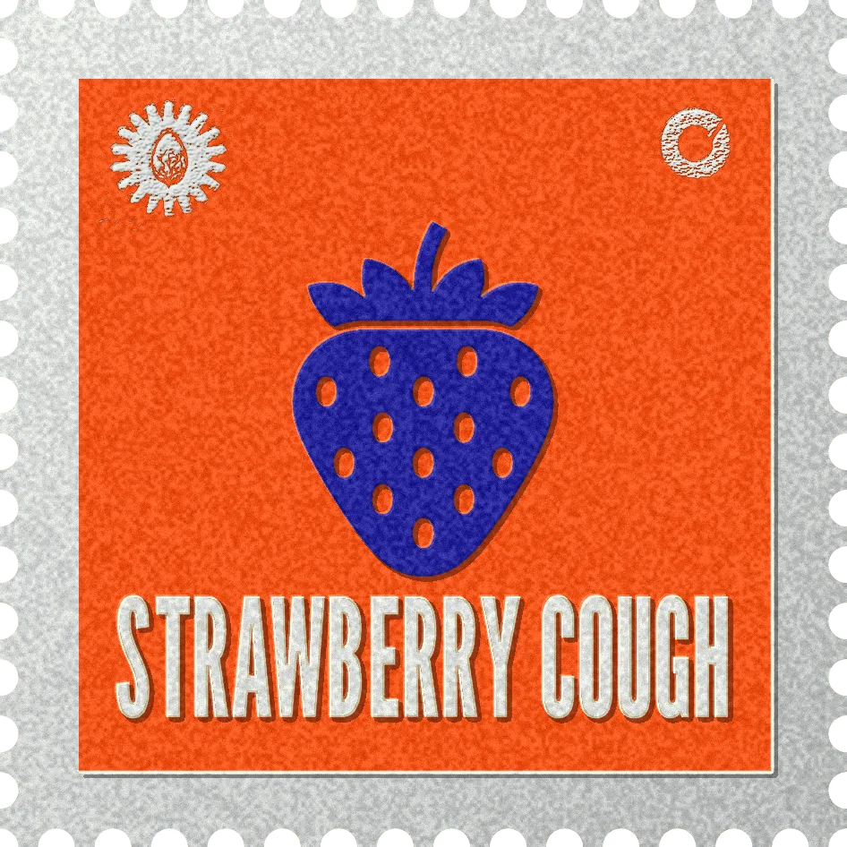 Strawberry Cough stamp, No. 77 in the Official Cannabis collection: a strawberry on orange